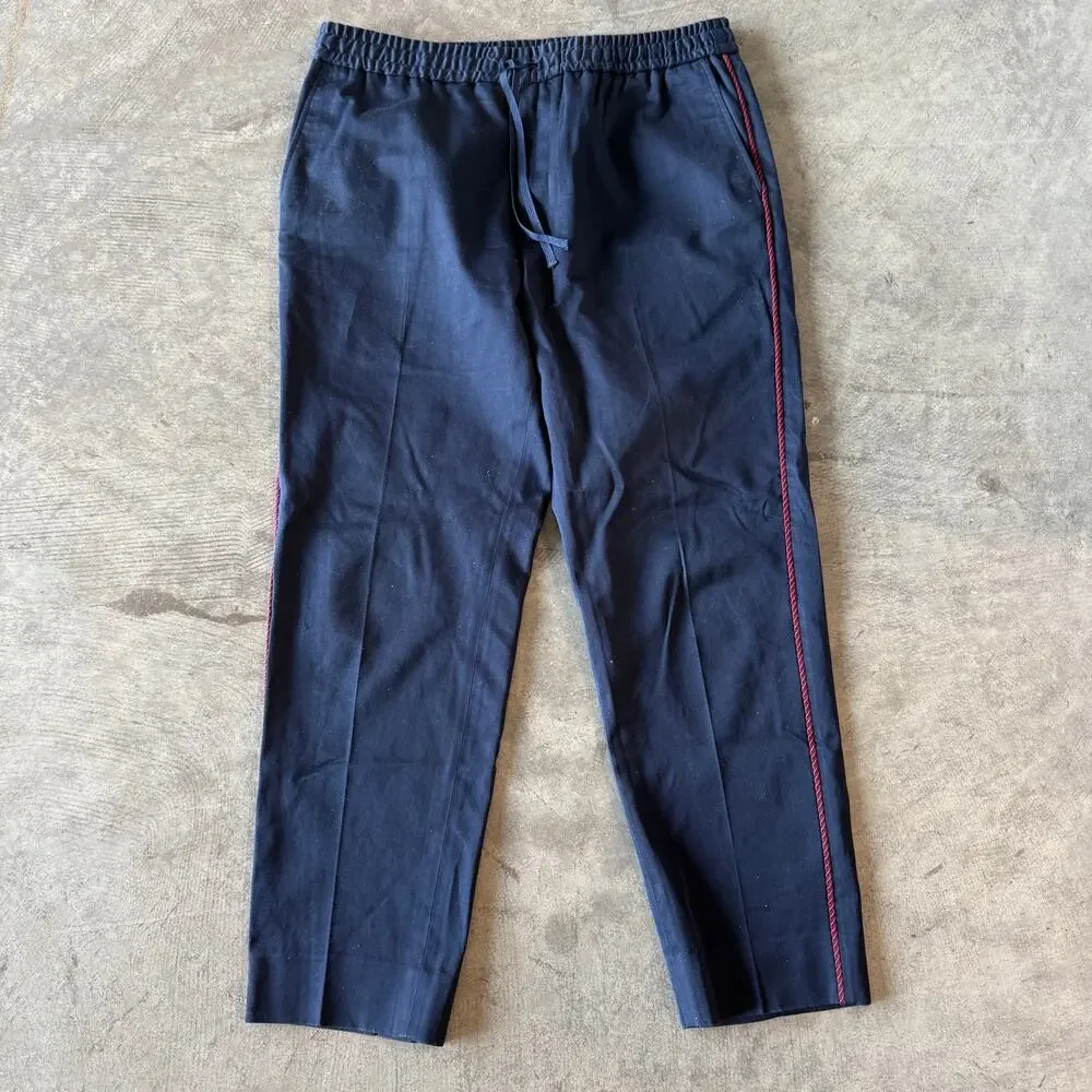 Gucci Mens Navy Wool Red Blue Web Stripe Drawstring Trousers Size 50